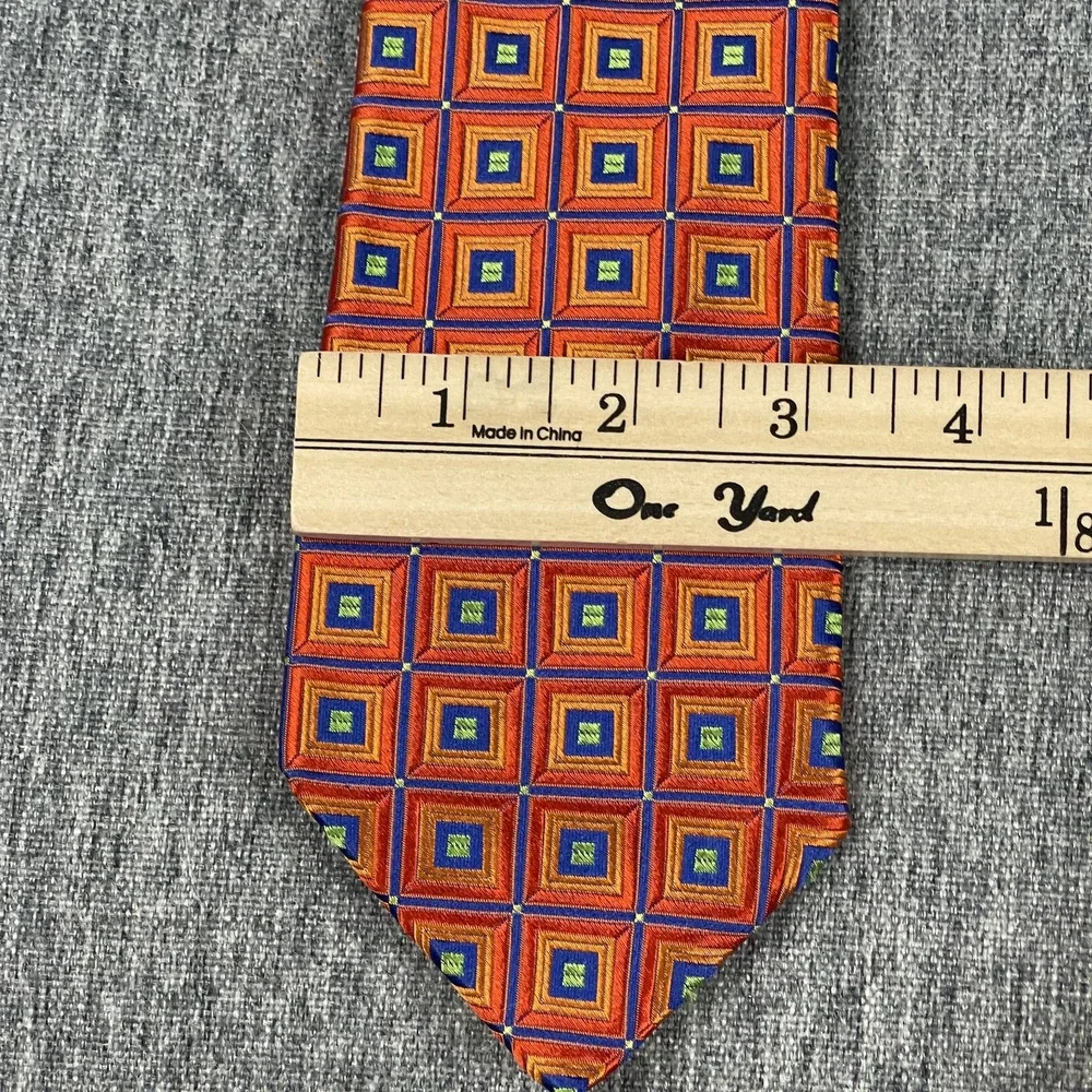 Ted Baker London 100% Silk Necktie Mens Orange Blue Geometric‎ Woven USA Made